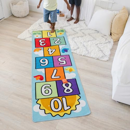 Melissa & Doug Hop and Count Hopscotch Game Rug (3 pcs, 78.5 x 26.5 inches) Classic Hopscotch Rug for Kids