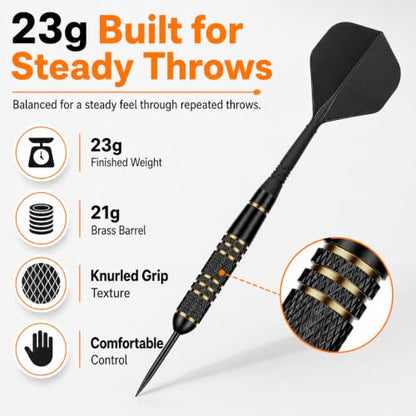 Steel Tip Darts Set 23g, 3 Pack with Brass Barrels and Case | 23g steel tip darts, 21g brass barrels, integrated flights, sharpener, slim case, for bristle dartboards