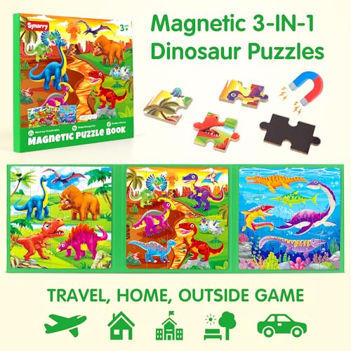 SYNARRY Dinosaur Magnetic Puzzles for Toddlers 3-5, 20 Pieces Travel Puzzles for Kids Ages 4-6, Easter Basket Stuffers Gifts for Kids, Car Airplane Road Trip Activities Magnet Games Toy - style: Dinosaur