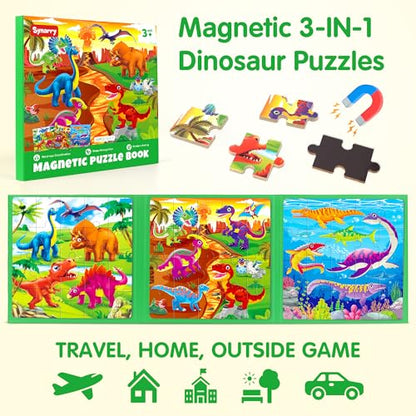 SYNARRY Dinosaur Magnetic Puzzles for Toddlers 3-5, 20 Pieces Travel Puzzles for Kids Ages 4-6, Easter Basket Stuffers Gifts for Kids, Car Airplane Road Trip Activities Magnet Games Toy - style: Dinosaur