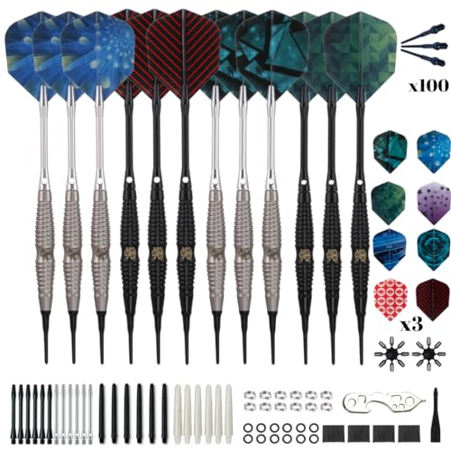 Shot Taker Co. Plastic Tip - Soft Tip Darts Set - 12 Pcs with 100 Extra Dart Tips 24 Flights Flight Protectors and Wrench for Electronic Dart Board - color: Silver-10472