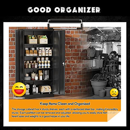 Greenvelly Storage Cabinet, 72” Black Garage Steel Locking Cabinet with Doors and 4 Adjustable Shelves, Tall Lockable File &Tool Cabinet for Home Office, Metal Classroom Cabinet Basement - color: Black, style: 72"H