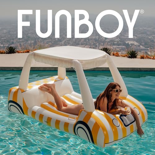 FUNBOY Giant Inflatable Luxury Golf Cart Pool Float, Two Cup Holders, Removable Fringe Shade, Float for Summer Pool Party and Entertainment - color: Yellow, White