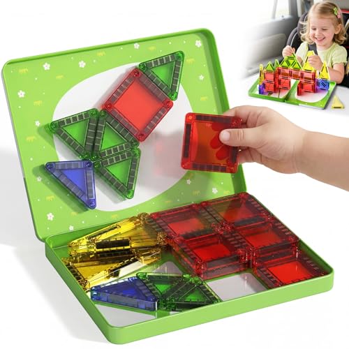 Travel Magnetic Tiles for Kids Car Games: 26 PCS Mini Magnet Building Blocks in Tin Box to Stop Crying - 0.64 lb Pocket Size Educational Toy - Road Trip Essentials - Boys Girls Age 3-8 - style: Green 26PCS