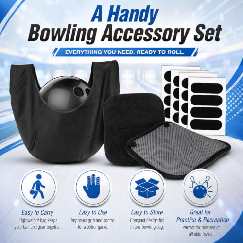 RAINFLOW 18PCS Bowling Accessories for Men Women - 1PC Bowling Ball Bag,1PC Towel and 16PCS Thumb Tape,Black BowlingBall Cleaner and Polisher
