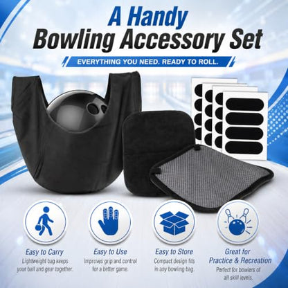 RAINFLOW 18PCS Bowling Accessories for Men Women - 1PC Bowling Ball Bag,1PC Towel and 16PCS Thumb Tape,Black BowlingBall Cleaner and Polisher