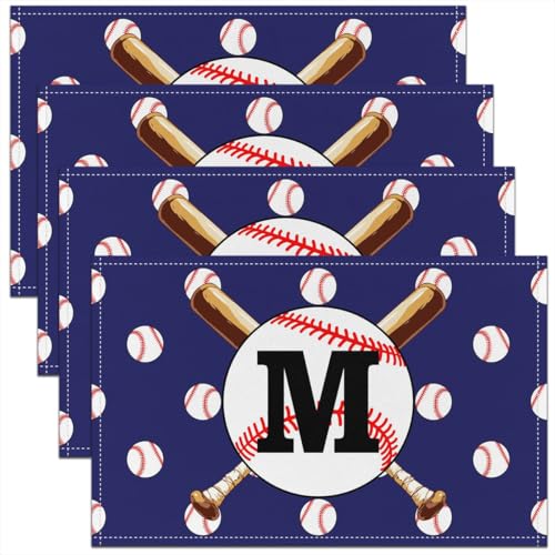 Baseball Placemats 12x18 Inch Set of 4 Baseball Sports Theme Kitchen Mats for Boys Teens Adults Black Initial Letter M Table Mats for Dining Table - color: Blue M