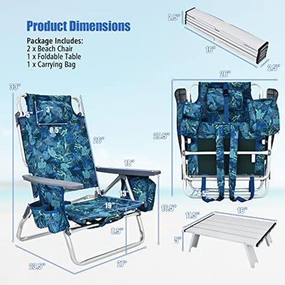 Tangkula Backpack Beach Chair with Table, 5-Position Lay Flat Lightweight Low Folding Beach Chairs with Cooler Bag, 2 Cup Holders, Towel Bar, Backpack Straps - color: Navy, style: 2 Pack with Table