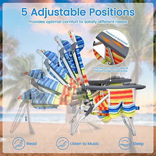 Tangkula Set of 2 Backpack Beach Chair, 5-Position Lay Flat Beach Chairs with Cooler Bag, 2 Cup Holders, Towel Bar, Lightweight Folding Beach Chair with Backpack Straps, Yellow - color: Yellow, style: 2 Pack