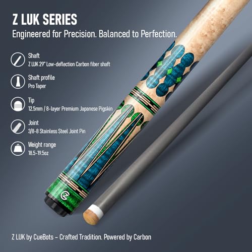 Z LUK Carbon Fiber Pool Cue Stick, Low Deflection Billiard Cue Sticks 12.5mm Tip, Professional Pool Stick for Adults with 3/8-8 Stainless Steel Joint - color: Emerald Pulse (Wrapless)