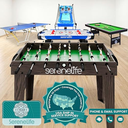 SereneLife 48in Foosball Table, Competition Size Soccer Game Table for Kids and Adults, Home Game Room Arcade Set, Leveling Legs, Engineered Wood, Chrome Steel Rods, 2 Balls, 2 Cup Holders - color: D) Brown