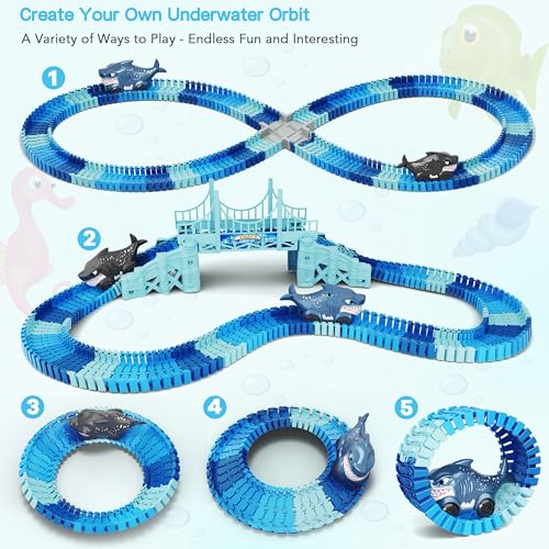 Track Race Car Toys for Kids, Create A Ocean World Race Road, Flexible Tracks Playset & 2PCS Cool Shark Cars, Toddler Toys Birthday Gifts for Age 3 4 5 6 Year Old Boys Girls - color: Blue-shark