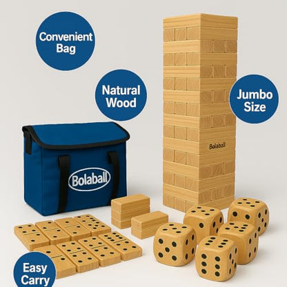 Bolaball Extreme Fun Pack Including 45 Giant Tumbling Blocks, 28 Giant Dominoes, and 6 Giant Dice, Giant Outdoor Games for Family Fun, Set of 3, Classic Block Giant Outdoor Game for 13+ Age Group
