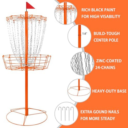 Disc Golf Basket - Portable Disc Golf Target with Heavy Duty 24-Chains Come with 6pcs Disc Golf Discs and Carry Bag, Ground Stake -Suitable for Players of All Levels - Multi Color Available - style: Basic Orange- 3 PCS
