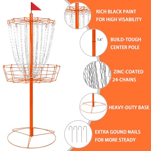 Disc Golf Basket - Portable Disc Golf Target with Heavy Duty 24-Chains Come with 6pcs Disc Golf Discs and Carry Bag, Ground Stake -Suitable for Players of All Levels - Multi Color Available - style: Basic-Orange- 6 Pcs