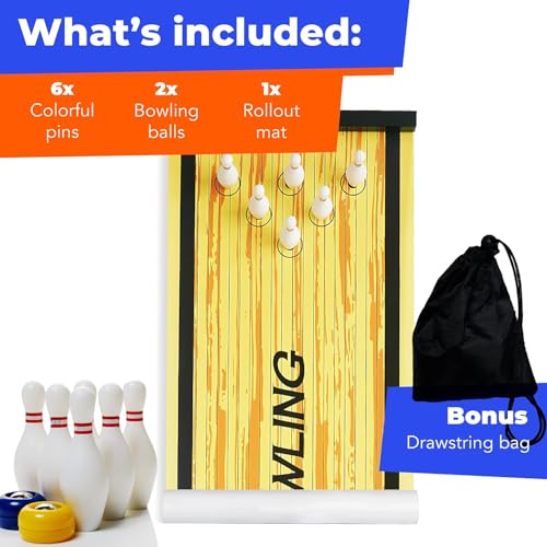 Bowling Game - Indoor Table Games for Whole Family, Kids and Adults - Portable Set w/Lane, 6 Pins, 2 Bowl Bearings - Play at Home Or Traveling