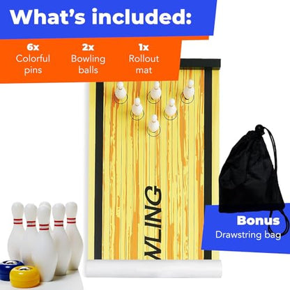 Bowling Game - Indoor Table Games for Whole Family, Kids and Adults - Portable Set w/Lane, 6 Pins, 2 Bowl Bearings - Play at Home Or Traveling