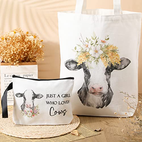 Sieral 2 Pcs Animal Lover Bag Gift for Women Travel Canvas Tote Portable Zipper Pouch Canvas Reusable Grocery Tote - style: Cow