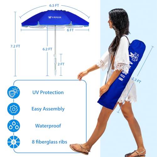 AMMSUN 6.5ft twice folded Portable beach umbrella with sand anchor windproof, Push Button Tilt and Air vent UPF 50+ Protection Fits in a large Suitcase for Patio Garden Beach Pool Backyard Blue - color: 6.5ft Blue