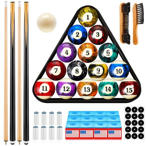 Outus 71 Pcs Premium Pool & Billiard Table Accessories Set – Pool Balls, Cue Sticks with Tips, Triangle Rack, Chalks, Brush Spot Stickers for Home Family & Beginner Practice - style: Dark Marble Style Balls