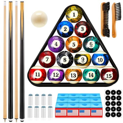 Outus 71 Pcs Premium Pool & Billiard Table Accessories Set – Pool Balls, Cue Sticks with Tips, Triangle Rack, Chalks, Brush Spot Stickers for Home Family & Beginner Practice - style: Dark Marble Style Balls