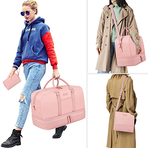 Weekender Bag for Women, Large Overnight Bag Canvas Travel Duffel Bag Carry On Tote with Shoe Compartment 21" 3Pcs Set - color: A15-pink+pink