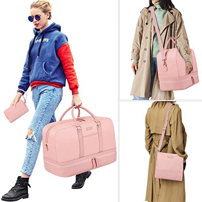 Weekender Bag for Women, Large Overnight Bag Canvas Travel Duffel Bag Carry On Tote with Shoe Compartment 21" 3Pcs Set - color: A15-pink+pink