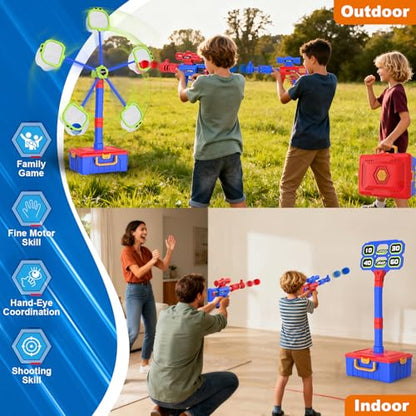 2 IN 1 Shooting Game Toys For 5 6 7 8 Year Old Kids, Moving Standing Shooting Target & 2 PCS Foam Ball Popper Air Toy Guns, 24 Foam Balls, 2 Player Boy Toys For Boy Kids, Gifts for Boys and Girls