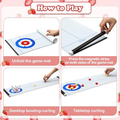 Capoda Tabletop Curling and Bowling Games Baby Shower Game Set Include 8 Curling 6 Bowling 1 Mat 2 Magnetic Strip for Indoor Birthday Bridal Shower Gender Reveal Table Decoration Supplies(Strawberry) - style: Strawberry