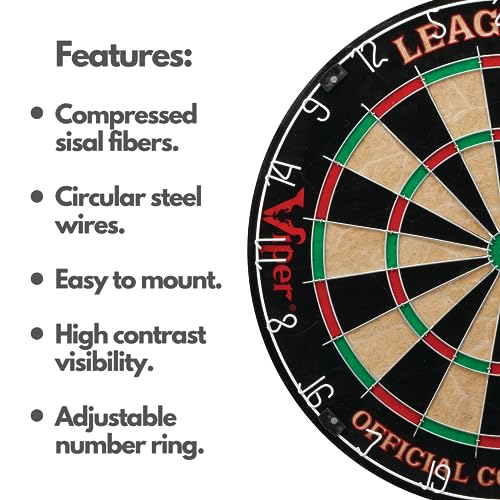 Viper League Pro Regulation Bristle Steel Tip Dartboard Starter Set with Staple-Free Bullseye, Radial Spider Wire, High-Grade Sisal with Rotating Number Ring, Chalk Cricket Scoreboard, Steel Tip Darts