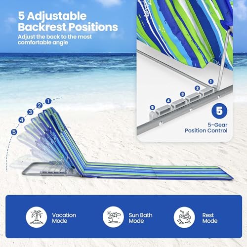 Goplus Beach Chairs with Side Table, 2 Pack Folding Lounge Chairs for Adults, with 5 Adjustable Position, Backpack Lightweight Reclining Lounge Chair for Lawn Camping Picnic Sunbath Pool (Blue Stripe) - color: Blue Stripe