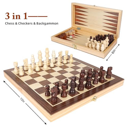 Offelec 3-in-1 Folding Chess Board Set, Wooden Chess Checkers and Backgammon Game Set for Adults Kids & Family, Portable Travel Board with Game Pieces Storage | Classic Strategy Board Games - color: 3-in-1 Folding Board Set
