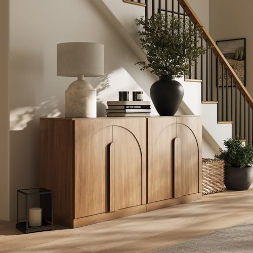 BELLEZE 2 Tier Bookshelf with Arched Wood Door, Set of 2 Modern Display Bookcase Shelf with Storage and Adjustable Shelves, 63" Wood Bookshelves for Living Room Office Entryway (Camel) - color: Bijou Camel B, size: 2