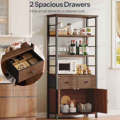 HOOBRO Bookshelf with Doors, Rustic Bookshelf with Drawers, Industrial Display Standing Shelf Units, Wooden and Metal Storage Shelf for Living Room, Home Office, Dining Room, Walnut and Black BH75SJ01