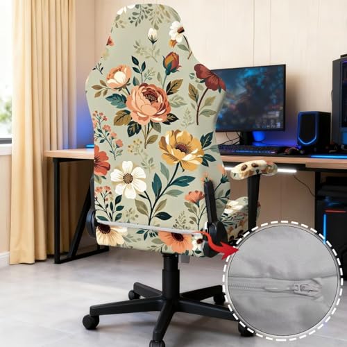 Suobstales Peony Flower Pattern Stretchable Gaming Chair Cover with Armrest Protector Washable Elastic Computer Chair Slipcover Anti-Slip Easy to Install Water-Repellent for Office Use - color: Peony Flower