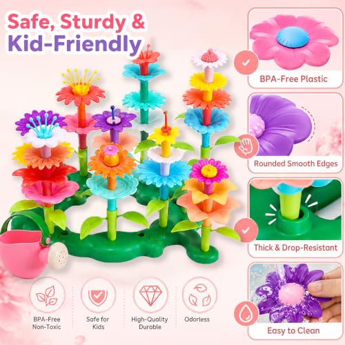 FUNZBO Girl Flower Garden Building Toys Set - Birthday Gifts for Age 3 4 5 6 7 8 Years Old Girls, STEM Montessori Educational Toy for Toddler Kids, Sorting & Stacking Spring Gardening Set - size: Starter Set - 46pcs
