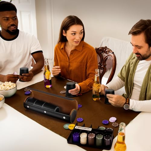 Leather Dice Cup Set, 5 Black Dice Cups + 25 Dices + Exclusive Storage and Transport Case Made of Faux Leather for Dad(Black) - color: Black