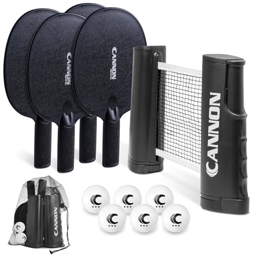 Cannon Sports Table Tennis Set – 4 Unbreakable Paddles, 6 3-Star Balls, Retractable Net & Carry Bag – Clamp-On Portable Ping Pong Net Fits Tables up to 2 Inch Thick, Extends to 6 Feet - color: Black