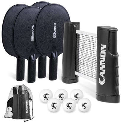 Cannon Sports Table Tennis Set – 4 Unbreakable Paddles, 6 3-Star Balls, Retractable Net & Carry Bag – Clamp-On Portable Ping Pong Net Fits Tables up to 2 Inch Thick, Extends to 6 Feet - color: Black