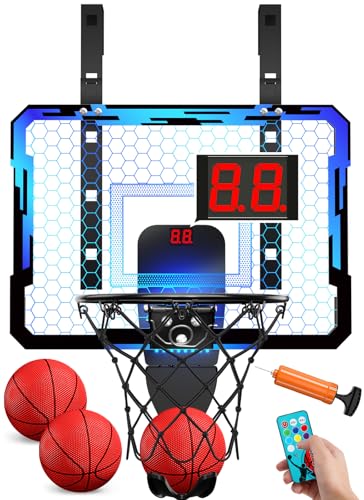 QDRAGON Mini Basketball Hoop, Over The Door Indoor, with 3 Balls/Inflator/Breakaway Rim, Basketball Toy Gifts for Kids and Adults, Suit for Bedroom/Office/Outdoor, Blue with Scoreboard & 7 Light - color: Black+blue