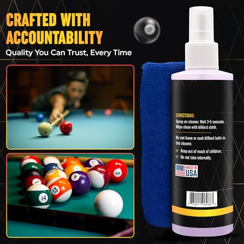 Billiard Ball Cleaner and Restorer with Cleaning Cloth - Pool Ball Cleaner for Consistent Roll, Billiard Ball Cleaner Spray for Professional Care - Removes Chalk Residue, Dust, Dirt, and Grime - 8 Oz
