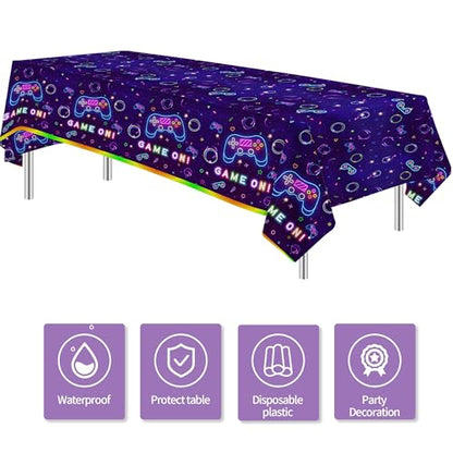 Video Game Party Tablecloth Decorations - Disposable Neon Glow Level Up Game On Birthday Party Supplies Table Cover - 3 Pack (54in x 108in)