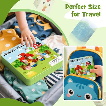 49 Pcs Farm Animals Magnetic Building Blocks Set for Toddlers 3-5, Travel Toys with Iron Storage Box, Magnetic Tiles & Cubes for Kids Ages 4-8, STEM Learning, Portable Play Base for Car Plane Trips - style: Farm Animals Magnetic Building Blocks Travel Set