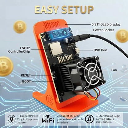 Bitaxe Gamma 601 Bitcoin Miner 1.2TH/s ASIC BM1370 Chip Solo Lottery BTC Miner 18W Low Power Consumption and OLED Display for Home Mining Orange - color: Orange