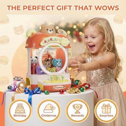 Burger Bear Claw Machine for Kids, Arcade Prize Grabber with 3-Joystick Coin-Style Controls, Lights and Music, Refillable Birthday Party Gift - color: Orange and Yellow