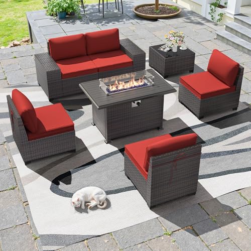 7 PCS Outdoor Patio Furniture Set,Outdoor Sectional Furniture with 43" 55000 BTU Gas Propane Fire Pit Table,All Weather PE Rattan Wicker Patio Conversation Set,Red - color: Red, size: 7 High Backrest w/Fire Pit