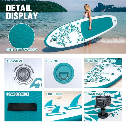 FEATH-R-LITE Inflatable Paddle Board Stand Up Paddleboards for Adults SUP with Premium Accessories Pump, Adjustable Paddle, Leash, Three Fins, Backpack - style: Green
