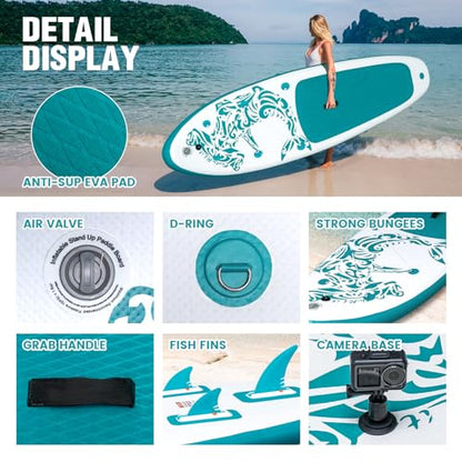 FEATH-R-LITE Inflatable Paddle Board Stand Up Paddleboards for Adults SUP with Premium Accessories Pump, Adjustable Paddle, Leash, Three Fins, Backpack - style: Green