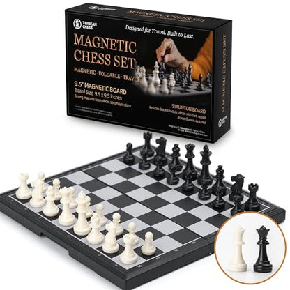 Magnetic Chess Set, 9.5” Foldable Board with Storage, Staunton Pieces, 2 Extra Queens, Travel Chess Game for Kids and Adults
