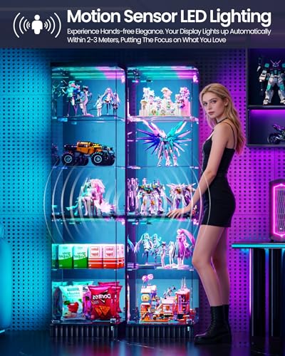 Lvifur Curio Display Cabinet - with Glass Door,5-Tier Glass Display Case with RGB Motion Sensor Light, Lockable Figure Display Case with Removable Glass Shelf for Collectibles,Black - color: Black-rgb Light